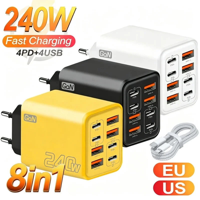8 in 1 GaN USB C 데스크탑 충전기 240W 고속 충전 휴대폰 어댑터 타입 C 케이블 (아이폰, 삼성, 샤오미 호환) EU/US/UK 플러그 충전기