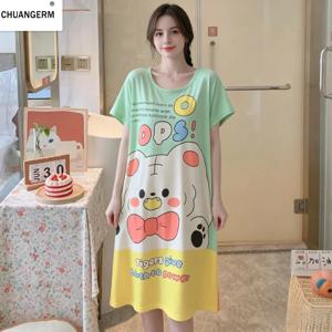 CHUANGERM 여자 여자 귀여운 만화 반팔 잠옷 드레스 여름 가을에 시원하고 편안한 홈웨어