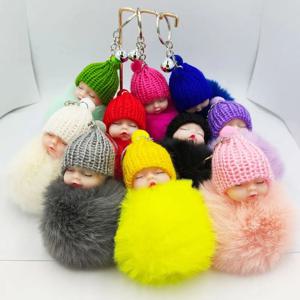 잠자는 아기 열쇠 고리 가방 펜던트 Pompom 열쇠 버클 가짜 토끼 모피 열쇠 고리 플러시 니트 모자 열쇠 고리 푹신한 보석 열쇠 고리