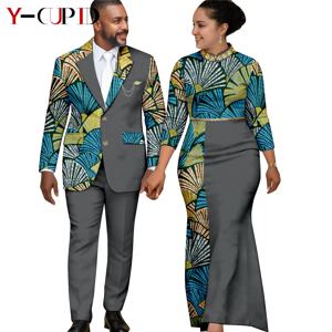 여성을위한 우아한 아프리카 프린트 긴 드레스 매칭 커플 의류 Dashiki 남성 정장 앙카라 자켓 탑과 바지 세트 26C013