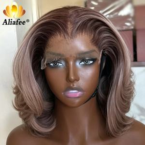 옴브레 애쉬 핑크 블론드 다크 루트 밥 바디 웨이브 가발 13x4 투명 레이스 프론탈 인모 두꺼운 풀 밥 탄력있는 곱슬 가발