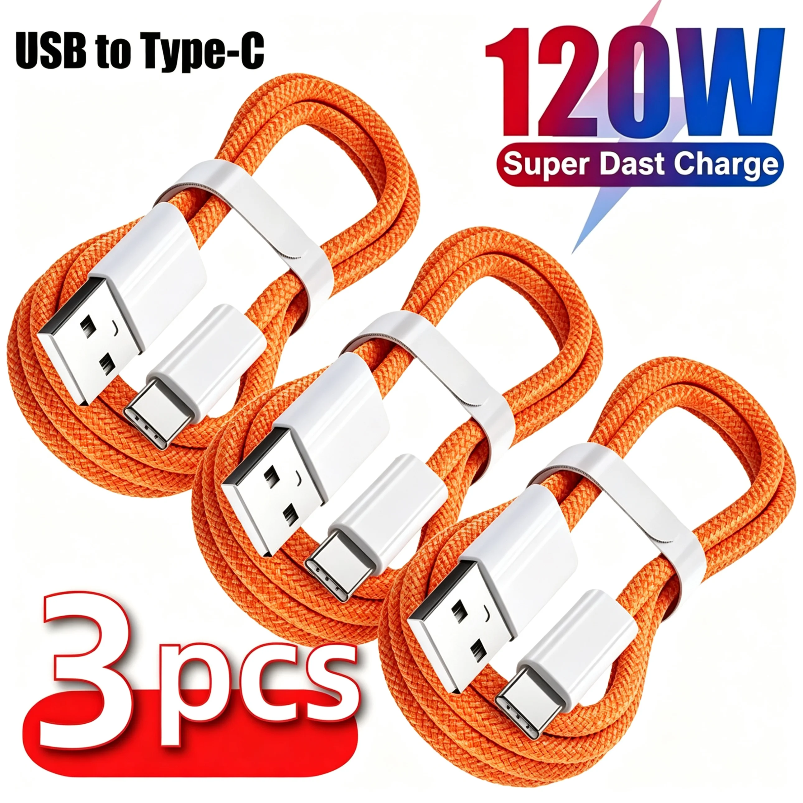 3개입 USB A to USB C 240W 고속 충전 케이블, 아이폰 17 16 15 삼성 화웨이 샤오미 등에 대한 고속 충전 지원