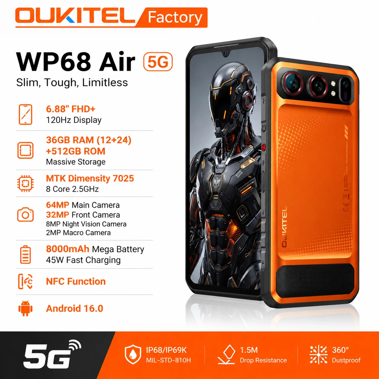 OUKITEL WP68 Air 5G 러기드 스마트폰 글로벌 버전 (Android 16, 6.88인치 HD+ 디스플레이, 36GB(12+24)+512GB, 8000mAh, 64MP 카메라, NFC 지원)