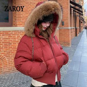 ZAROY 모피 칼라 후드 여성 자켓 패션 라인스톤 겨울 따뜻한 두꺼운 패딩 코튼 퍼퍼 코트 streetwear outerwear пальто