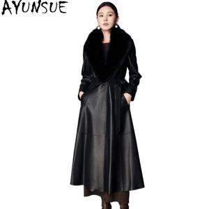 AYUNSUE 여성용 천연 가죽 재킷 롱 양가죽 트렌치코트 2026 겨울용 다운 재킷 따뜻한 여우털 칼라 탈부착 가능