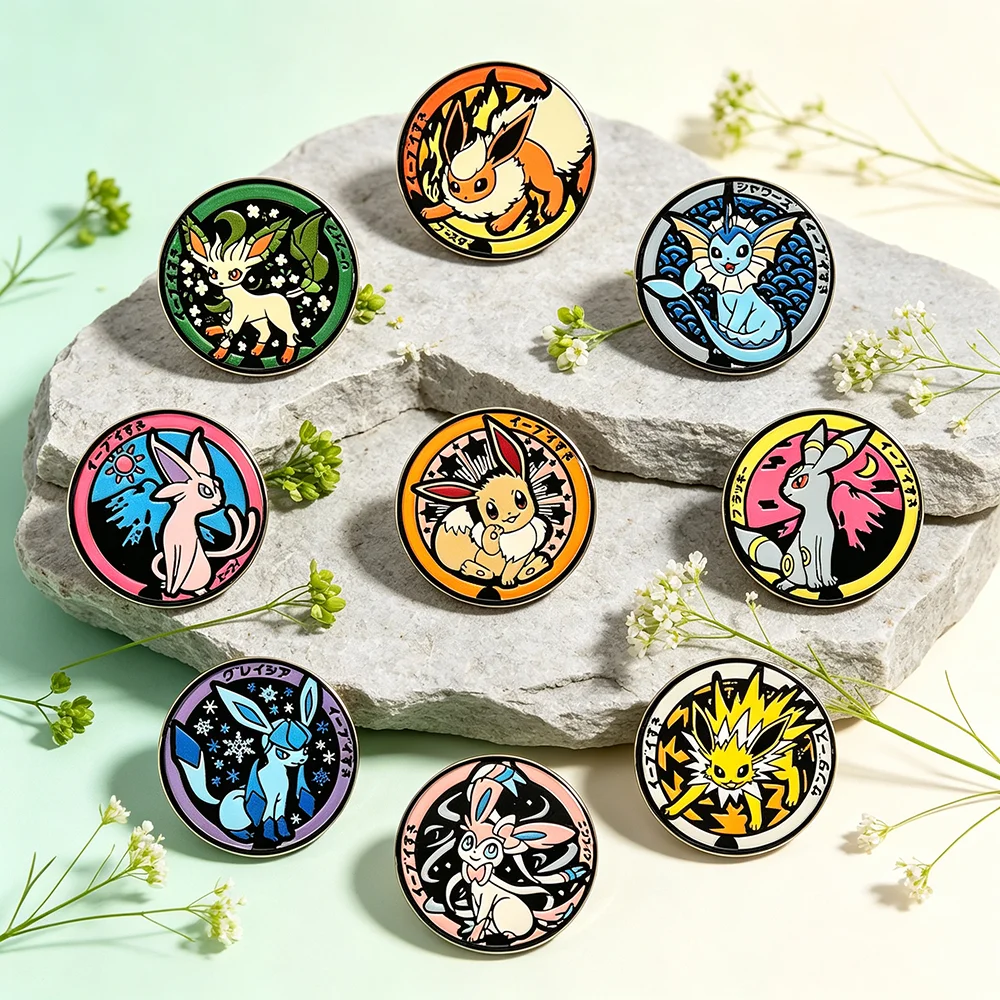 Eeveelutions 에나멜 핀 세트, 9Pcs 귀여운 Eevee 가족 금속 브로치, 배낭 의류 장식용 만화 애니메이션 옷깃 핀