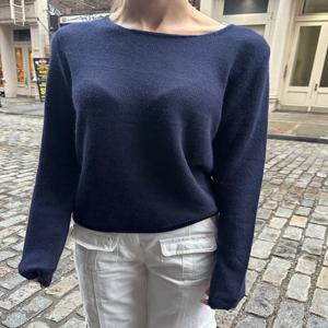 Raw Hem 네이비 긴 소매 티셔츠 가을 달콤한 라운드 넥 코튼 티 셔츠 여성용 캐주얼 빈티지 streetwear 귀여운 티셔츠 탑