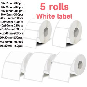 흰색 라벨 스티커 5개, 폭 30mm/40mm/50mm, M110/M221/M220/M120/M200 등 휴대용 열전사 라벨 프린터와 호환, 사무실, 사업장, 가정용으로 사용 가능하며, 다양한 용도로 활용 가능