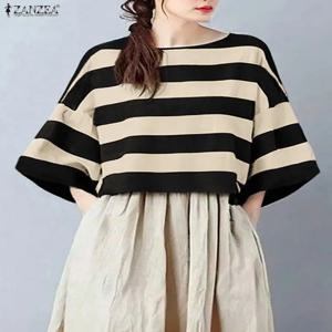 ZANZEA 오버사이즈 대비 색상 스트라이프 블라우스 여성 캐주얼 보트넥 드롭 숄더 3/4 슬리브 루즈 탑 여성 의류 S-3XL