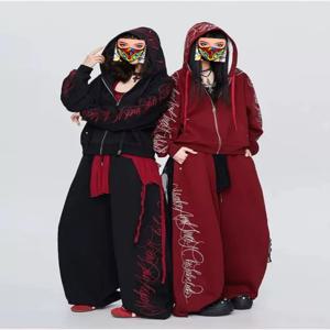 자수 트랙수트 세트 여성 자른 Zip Up Hoodie & 대형 와이드 레그 스웨트 팬츠 봄/가을 Y2KStreetwear 펑크 미적