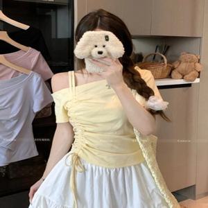 스위트 원 숄더 드로스트링 반팔 티셔츠 여성 여름 오프숄더 탑 우아하고 섹시한 단색 크롭 베이직 블라우스