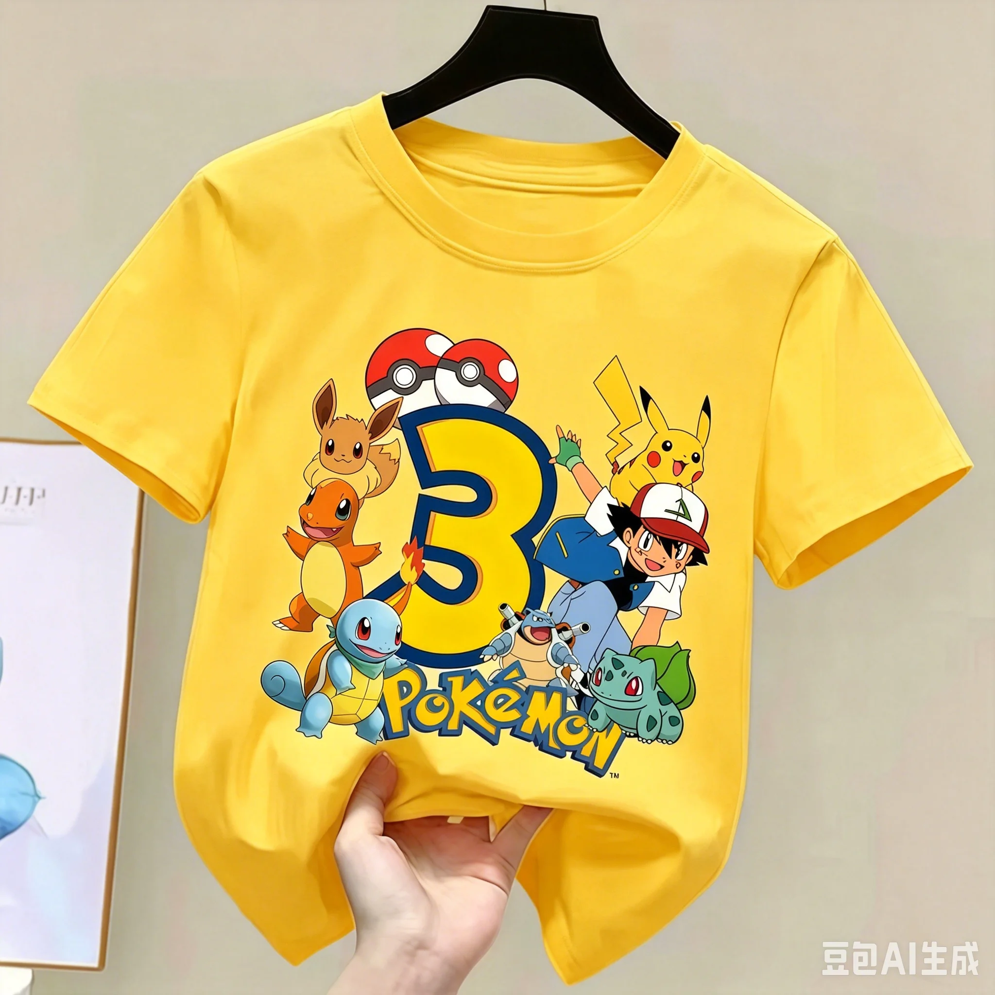 2026 피카추 어린이 어린이 티셔츠 생일 번호 1-9 인쇄 된 티셔츠 소년 소녀 여름 반팔 탑 아동 의류