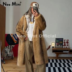 네오 민트 럭셔리 런웨이 패션 스트라이프 롱 인조 퍼 코트 여성용 겨울 플러피 퍼리 에코 폭스 퍼 재킷 소녀용 오버코트 아우터웨어
