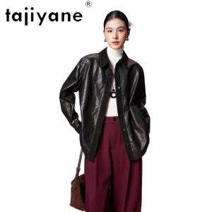 TAJIYANE 오일 왁스 칠한 염소 가죽 정품 가죽 자켓 여성 중간 길이 루즈 트렌치 코트 가을 셔츠 코트 여성 의류 2026 가죽자켓