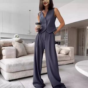 Wolfeel Womem 가을 Ol 세련된 조끼 & 포켓 슈트가있는 바지 투피스 세트 Office Ladies Summer Chic 2 Piece Set Womens Outfit