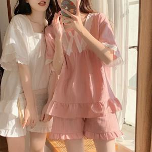 궁궐 스타일 잠옷 여성 여름 라운지웨어 세트 쿠션 포함 반팔 한국식 스몰 스윗 여자친구 라운지웨어 세트