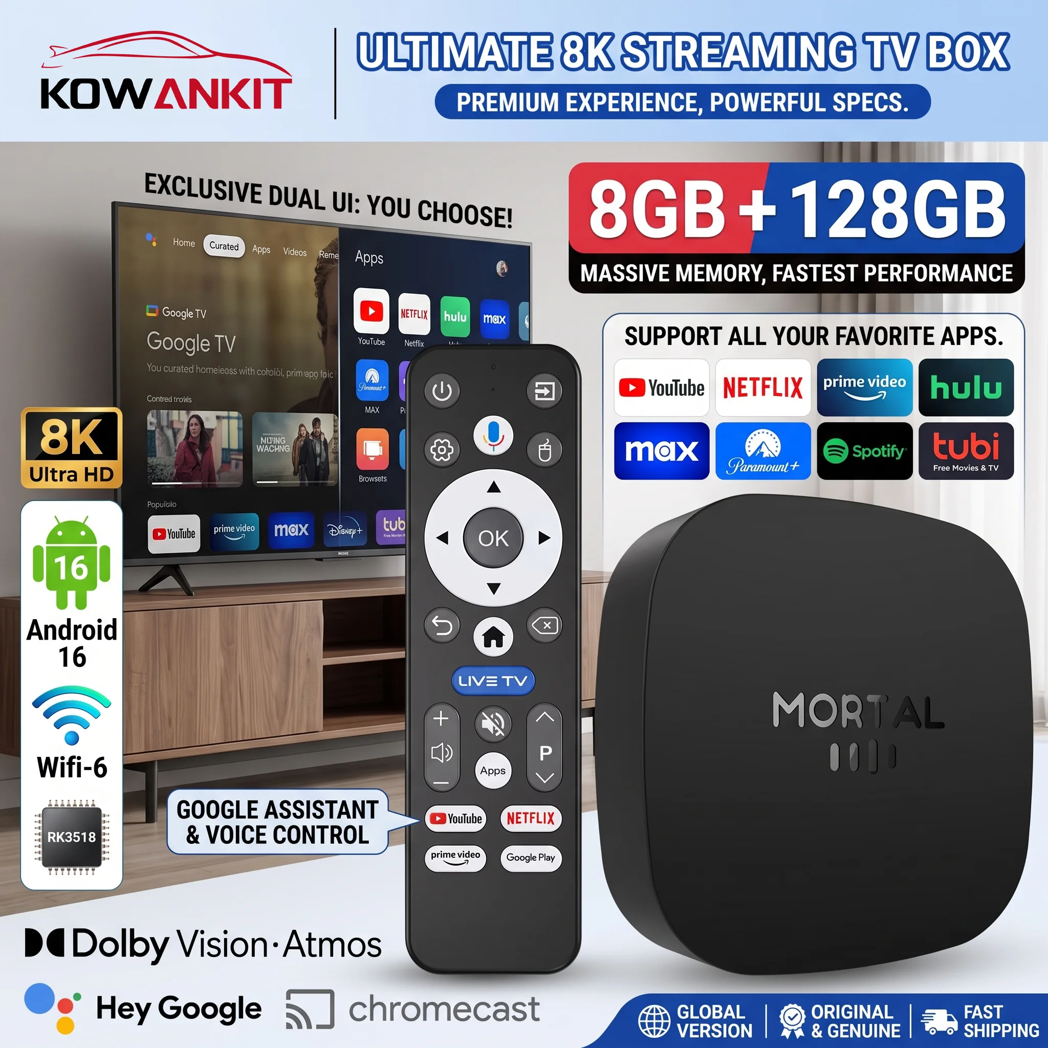 2026 8K HD 스마트 TV 박스 코완킷 뉴 T1 플러스 안드로이드 16 8GB 램 128GB 롬 RK3518 듀얼 와이파이 2.4G/5.8G 홈시어터 미디어 플레이어