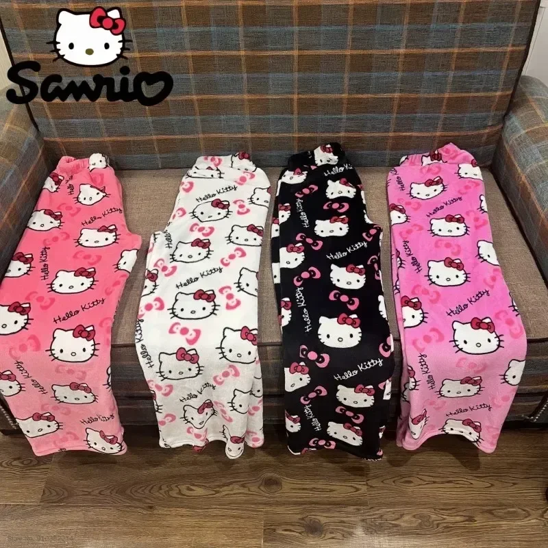Sanrio 헬로 키티 소프트 플란넬 와이드 레그 파자마 바지 프린트 캐주얼 홈 라운지웨어 여성용 데일리 수면 편안한 착용