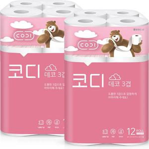 코디 데코 27m 3겹 12롤 x 2팩 화장지 두루마리 휴지
