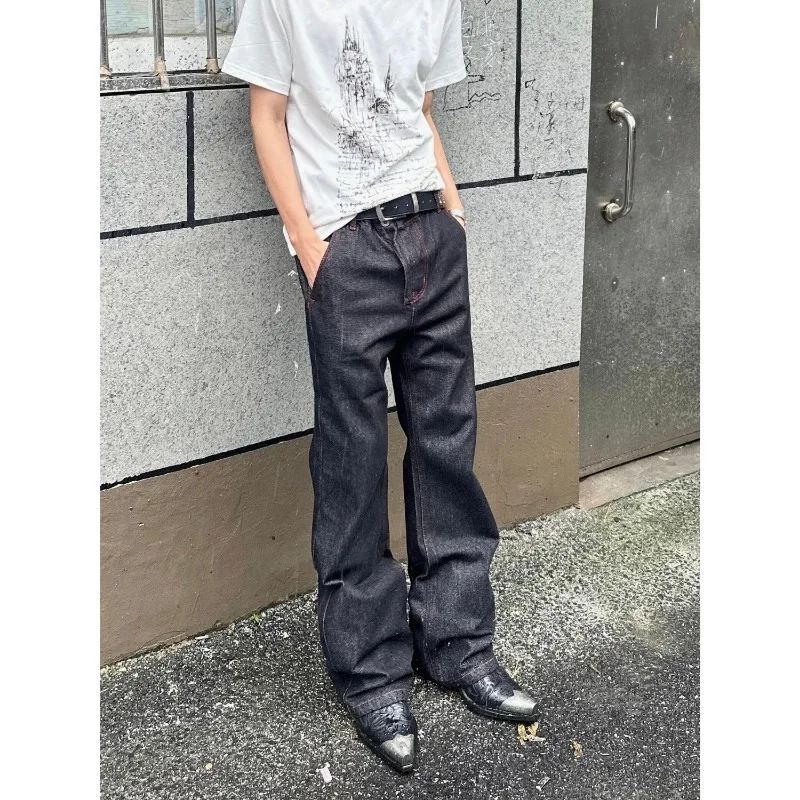남성 아메리칸 빈티지 데님 레드 스티치 로우 블랙 스트레이트 마이크로 플레어 진 슬림핏 패션 캐주얼 스트레치 롱 데님 팬츠