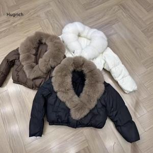 여성용 숏 푸퍼 재킷, 대형 인조 폭스 퍼 칼라, 두꺼운 따뜻한 다운 코트, 겨울용 루즈핏 솔리드 컬러 아우터웨어 패션