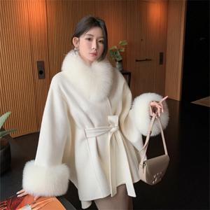 여성용 양면 소프트 울 망토, 진짜 여우 모피 칼라, 모피 커프스, 모직 코트, 우아한 패션 상의, 가을 겨울 신상
