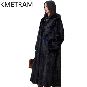 KMETRAM 100% 밍크 퍼 재킷 여성용 루즈핏 블랙 롱 리얼 퍼 코트 후드 포함 2025 겨울 코트 여성 의류
