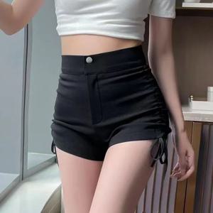 블랙 플러스 사이즈 여성용 수트 반바지 하이웨이스트 슬리밍 A라인 타이트 탄성 여름 얇은 원단 핫팬츠 출퇴근 스타일