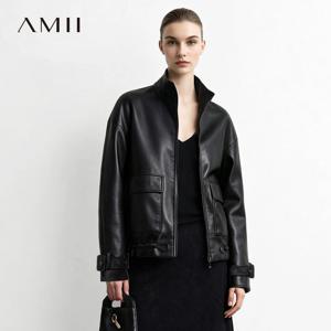 Amii 여성용 인조 가죽 자켓 터틀넥 드롭 숄더 레트로 비즈니스 캐주얼 지퍼 업 카고 코트 2026 가을 자켓 12623135