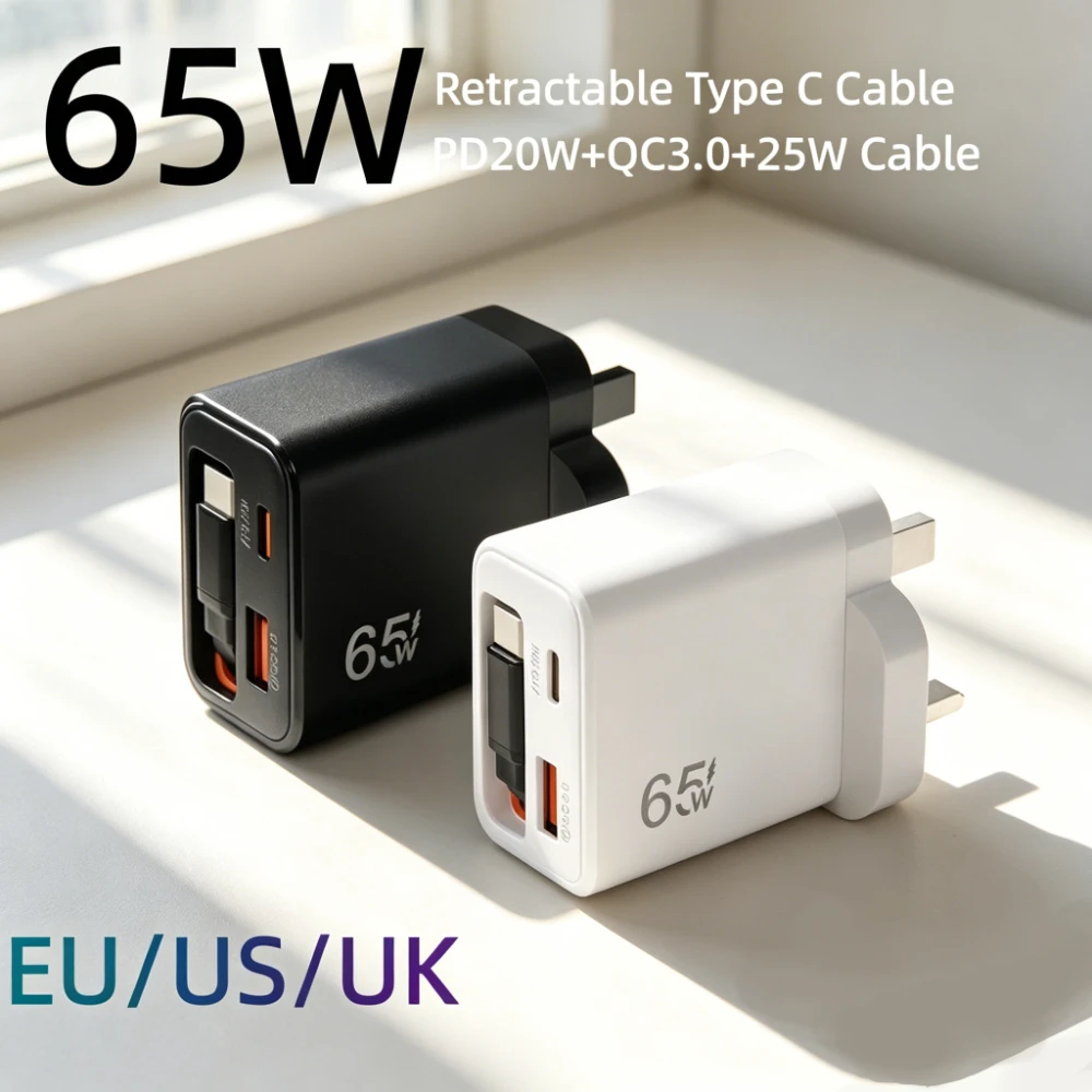 65W 타입 C 충전기, 접이식 일체형 케이블, USB 휴대폰 충전기, USB C 케이블, EU/US 플러그, 아이폰, 삼성, 샤오미 고속 충전 지원