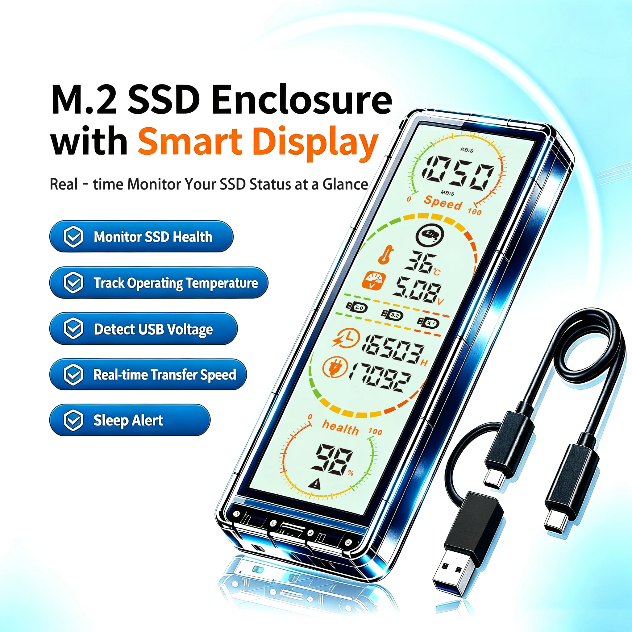 10Gbps 투명 M.2 SSD 인클로저, 내장 스마트 디스플레이 USB 3.2 Gen2 Type-C 외장 SSD 케이스, NVMe 및 SATA 듀얼 지원