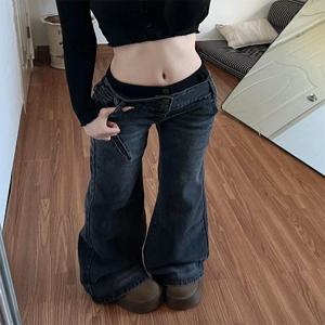 미국 스타일 스파이시 걸 디자인 패치워크 마이크로 플레어 진 여성용 레트로 워시드 빈티지 다용도 바지