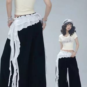 벨트형 솔리드 컬러 힙 커튼 스커트 하이웨이스트 레이스 러플 트림 힙 커튼 허리 스카프 주름 미니 에이프런 재즈 댄스