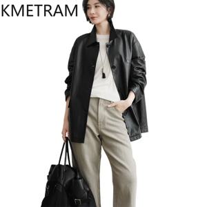 KMETRAM 베지터블 태닝 양가죽 리얼 레더 자켓 여성 캐주얼 중간 길이 트렌치 코트 루즈핏 자켓 가을 여성 의류 2026