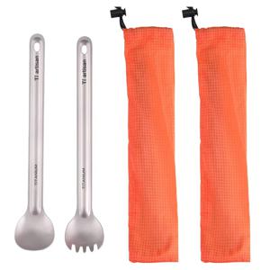 Tiartisan 순수 티타늄 칼 붙이 초경량 롱 핸들 스푼 스포크 야외 캠핑 휴대용 2pcs 식기 세트 보관 가방