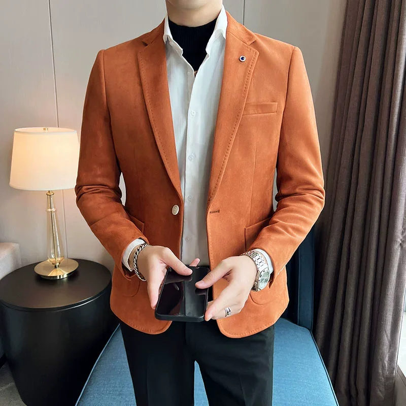 새로운 패션 정장 코트 남자 슬림 맞는 사슴 가죽 벨벳 우아한 럭셔리 블레이저 코트 비즈니스 캐주얼 웨딩 플러스 사이즈 정장 4XL-S
