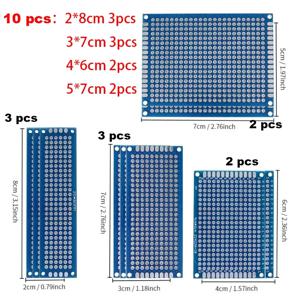 범용 PCB 프로토타입 보드 키트 10개, 4가지 크기 양면 파란색 FR4 2.54mm 피치 아두이노 DIY 전자제품 납땜용
