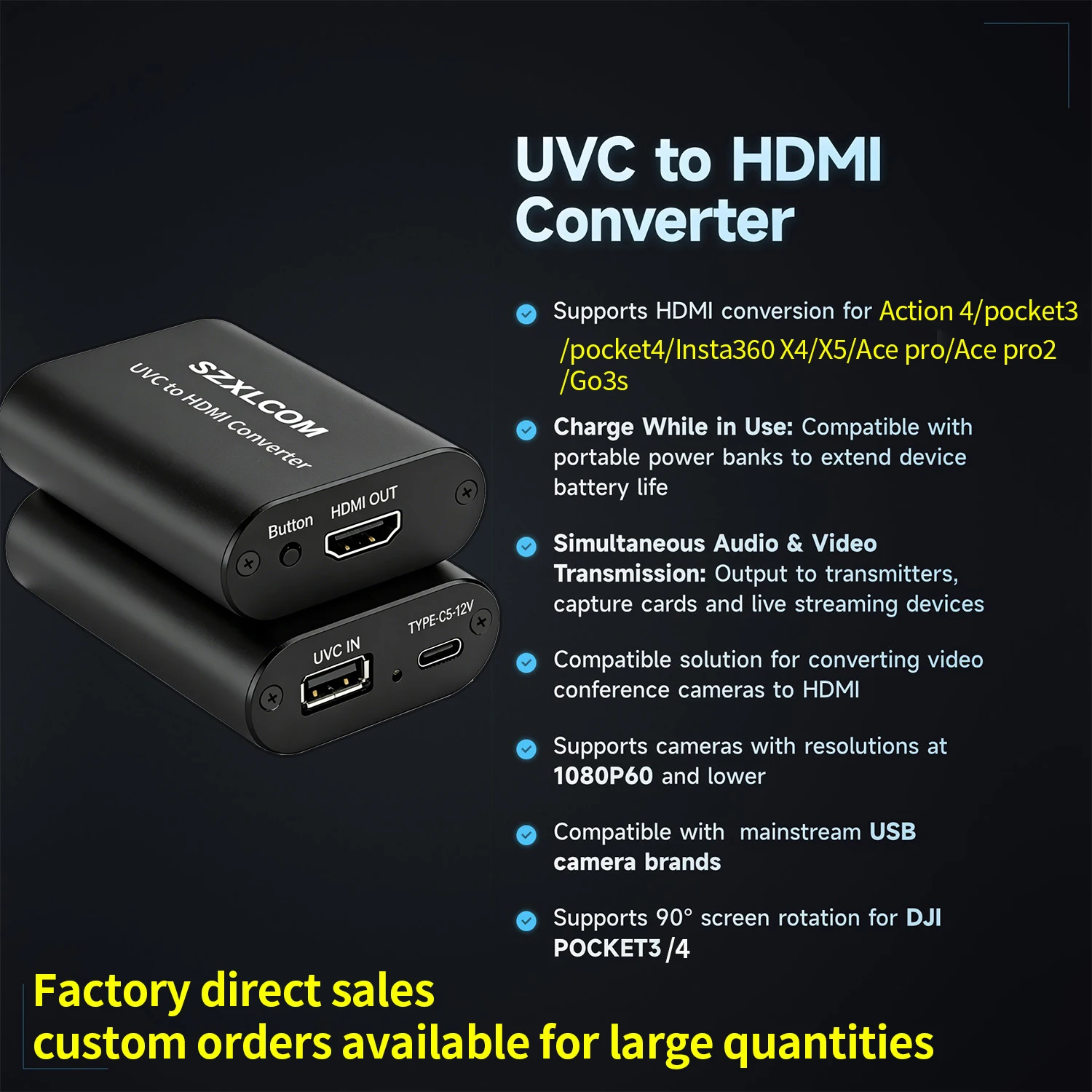 SZXLCOM UVC to HDMI 컨버터 1080P60 MJPEG DJI Pocket 3 / Pocket 4 / Pocket 4Pro USB 카메라 / OBSBOT MEET 2, Tiny SE와 호환