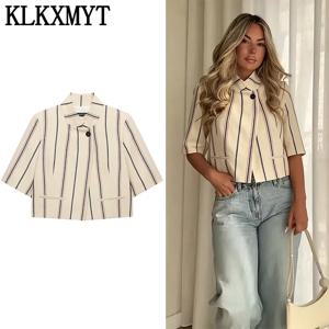 KLKXMYT 여성용 크롭 스트라이프 블레이저 여름 신작 여성 원버튼 하프 슬리브 탑 레이디 스트리트 캐주얼 블레이저 코트 ﻿
