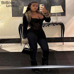 Sisterlinda 여성용 메쉬 패치워크 힙스터 점프수트, 민소매 싱글 브레스트, 우아한 섹시한 미드나잇 운동 오버올, 클럽웨어, 2024