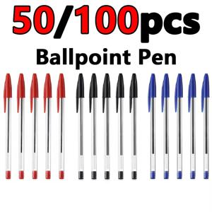 50/100Pcs 볼펜 1.0mm 블루 블랙 플라스틱 볼펜 학생 선물 학교 사무 용품 오래 지속되는 부드러운 쓰기