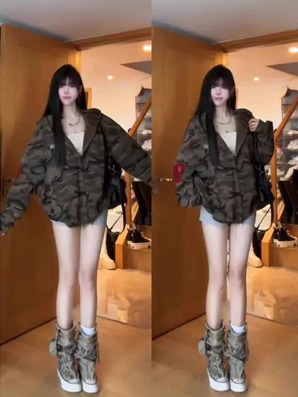 레트로 아메리칸 카모플라주 후드 숏 여성 자켓 루즈핏 스윗 쿨 스타일 가을 겨울 신상 패션 아우터