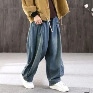 하렘 진 여성 블루머 팬츠 밴딩 허리 디스트레스드 워싱 포켓 맘 2025 스트릿웨어 빈티지 데님 루즈 트라우저