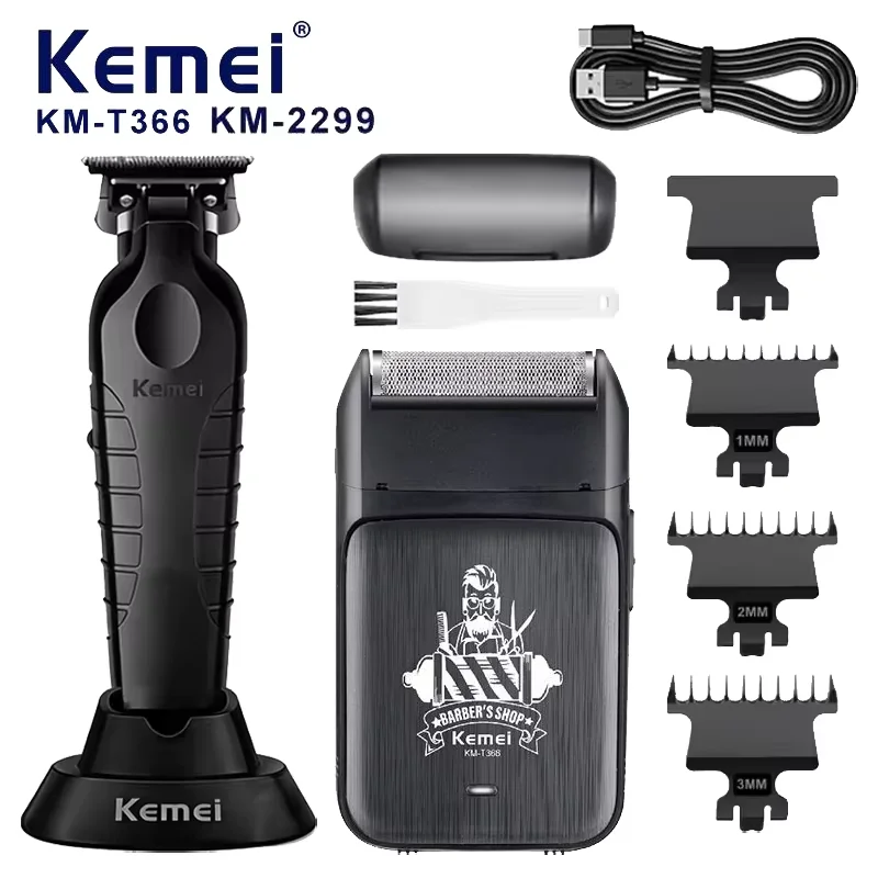 케메이 KM-2299 KM-T366 2 in 1 전문가용 헤어 클리퍼 세트 (남성용) 전기 오일 헤드 헤어 트리머 쉐어 카빙 푸셔 면도기