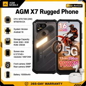 AGM X7 견고한 스마트폰, 12GB RAM + 256GB 저장 공간, 10000mAh 배터리, 5G, 안드로이드 16 운영체제, 6.72인치 디스플레이, NFC, eSIM, 64MP 카메라, 무선 충전 지원