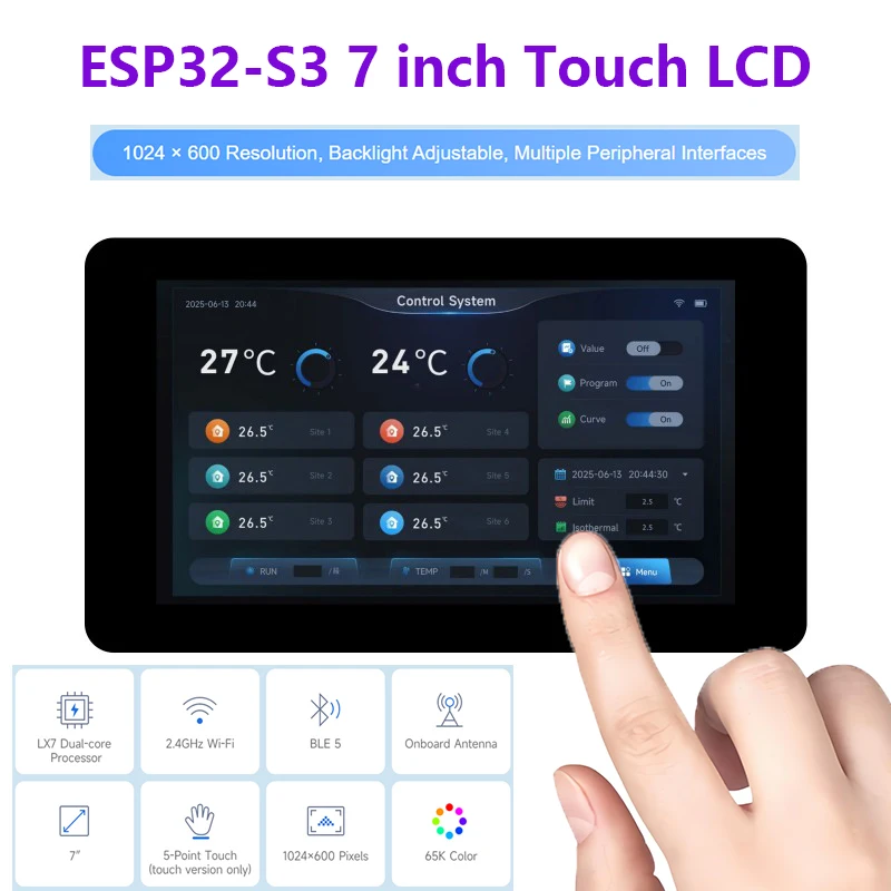 Waveshare ESP32-S3 7인치 터치 스크린 디스플레이 개발 보드 1024*600 32비트 LX7 듀얼 코어 WiFi BLE (인간-기계 LVGL GUI 지원)