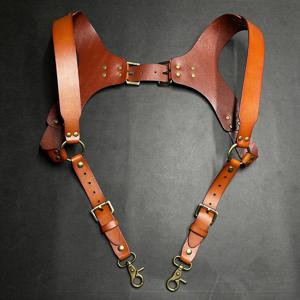 고급스러운 갈색 3.5cm 가죽 남성용 멜빵, 더블 숄더 스트랩, 남성용 바지용, 성인용, 스팀펑크 스타일 액세서리
