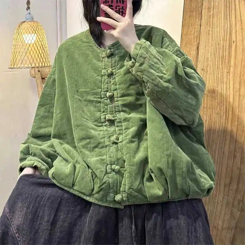 여성 겨울 복고풍 코튼 고급 코듀로이 패딩 코트 헤비 듀티 염색 두꺼운 패딩 자켓 개구리 단추 따뜻한 탈지면 자켓