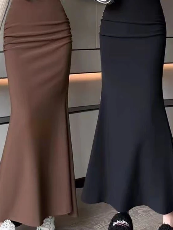 세련된 한국 스타일 단색 밴딩 허리 테일러드 스커트 가을 신상 슬리밍 A라인 미디 스커트 플러스 사이즈 여성용
