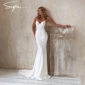 SSYTENS 섹시한 화이트 머메이드 웨딩 드레스 여성용 백리스 심플 브라이덜 맞춤형 가운 스윕 트레인 로브 드 마리아쥬 신상품